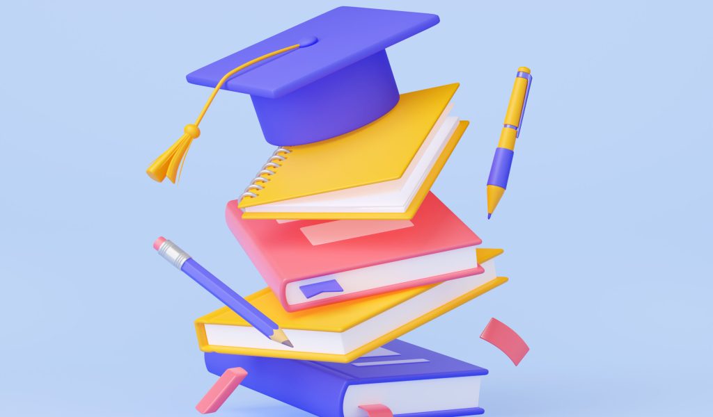 Student graduation cap on books stack. Concept of university or college education, academic tuition with flying mortarboard, books, pen and pencil, 3d render illustration