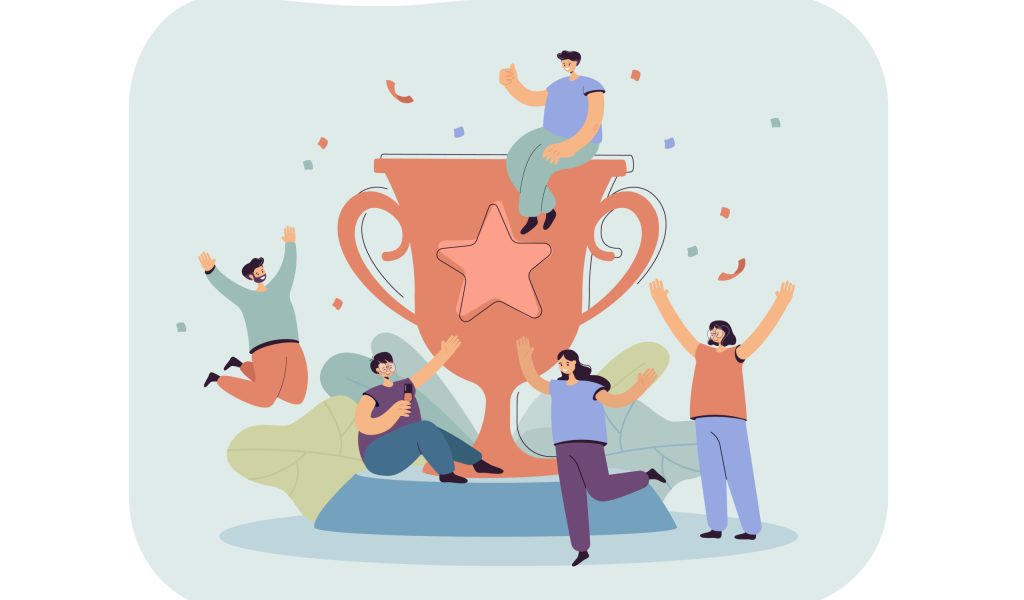 Tiny happy winners near big golden cup flat vector illustration. Cartoon team of champions winning award and celebrating victory. Mission success and teamwork concept