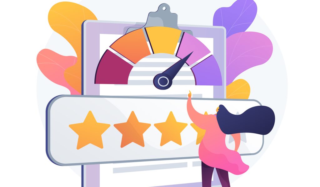 Reputation management. User feedback, customer loyalty, client satisfaction meter. Positive review, company trust, five star quality evaluation system. Vector isolated concept metaphor illustration